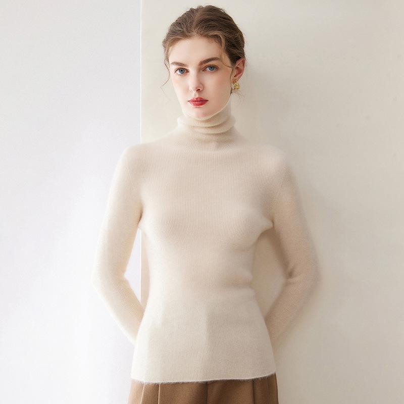 Women's Slim-Fit 100% Cashmere Ribbed Half-High Neck Sweater for Autumn/Winter