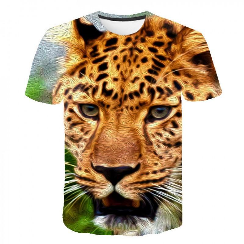 Mens Short Sleeve T-Shirt With 3D Leopard Head Print Loose Fit Cotton Blend Tee Casual Wear
