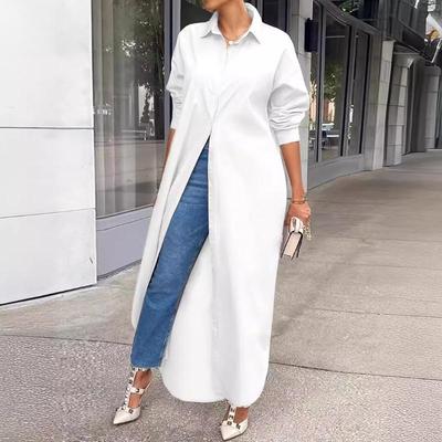 Women's Solid Color Long Sleeve POLO Neck Loose Waistline Long Dresses