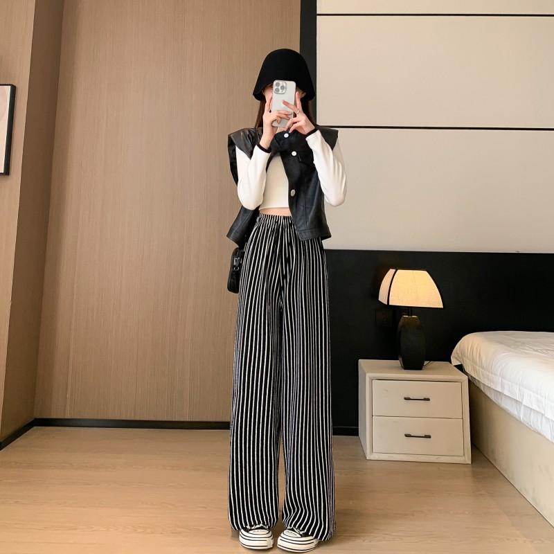Towel Black and White Striped Soft Waxy Lazy Knitted Wide-leg Pants Women's Spring and Autumn High Waist Drooping Casual Mopping and Walking Trousers