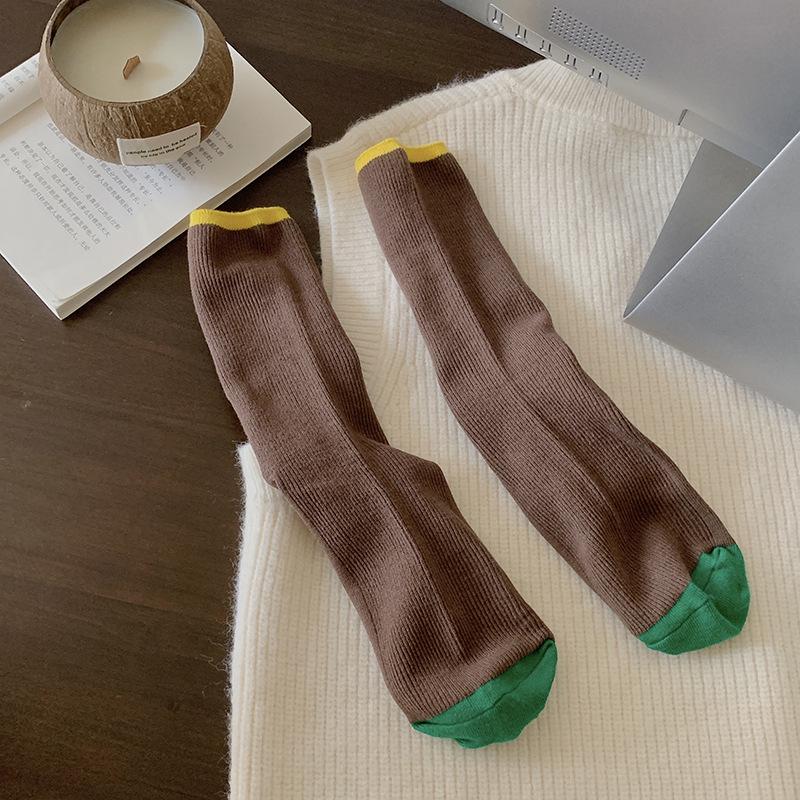 Retro Double Needle Contrast Color Mid-Tube Socks - Maillard Series