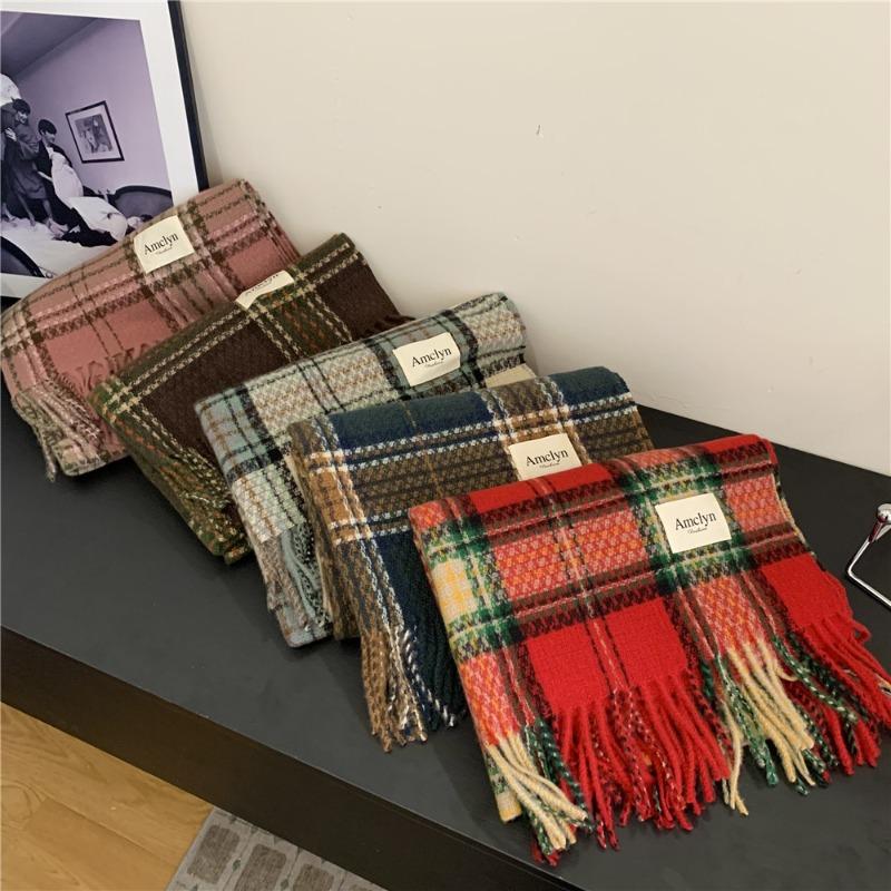 Red Plaid Scarf Women's Winter New Versatile Thickened Warm Scarf Student Christmas Gift