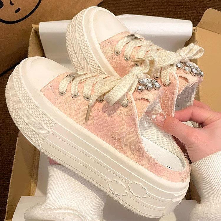 

Xiaoxiangfeng canvas bag head half slippers women s 2025 spring new fashion rhinestone one pedal casual little white shoes women 35 розовый