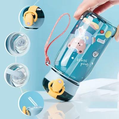 Cartoon Teddy Bear Kids Plastic Cup, Portable School Outdoor Use, with Strap, One-Click Open Lid, Summer Straw Water Bottle