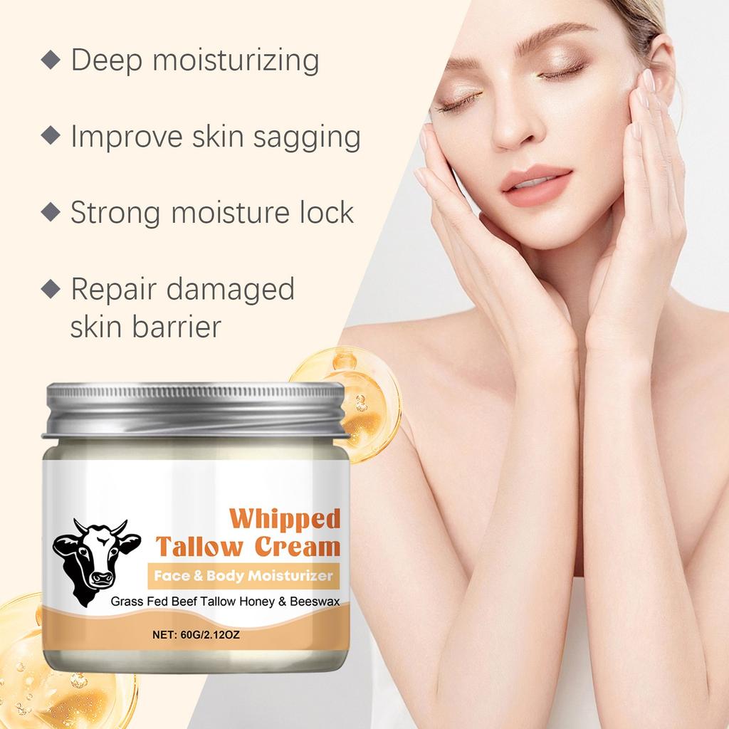 Beef Tallow For Skin: Handmade Beef Tallow For Face - Organic Grass-Fed Whipped Beef Tallow And Honey Balm Tallow Face Moisturizer Smooth Soft