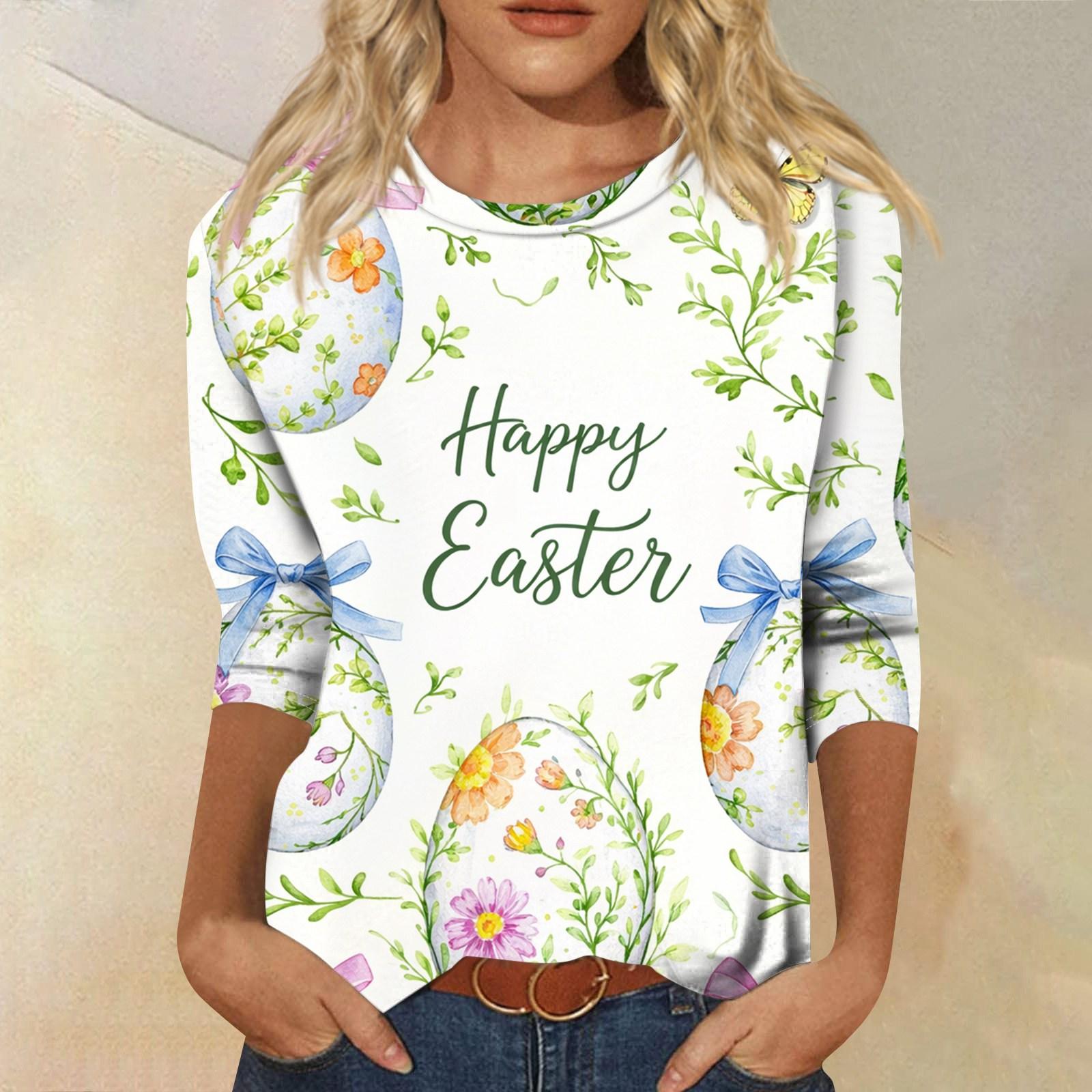 

Women s Fashion Casual Sleeve Easter Elements Print Round Neck Top XL білий