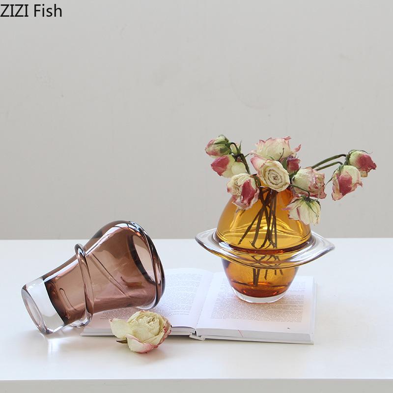Transparent Amber Color Glass Vase Hydroponics Plant Pot Table Decoration Flowers Arrangement Floral Vases Room Aesthetic Decor