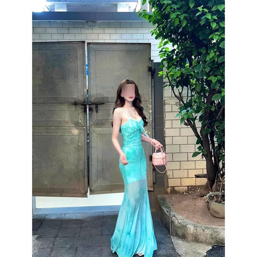 Light green butterfly print mesh suspender dress women's summer seaside vacation pure desire fishtail hip wrap long skirt