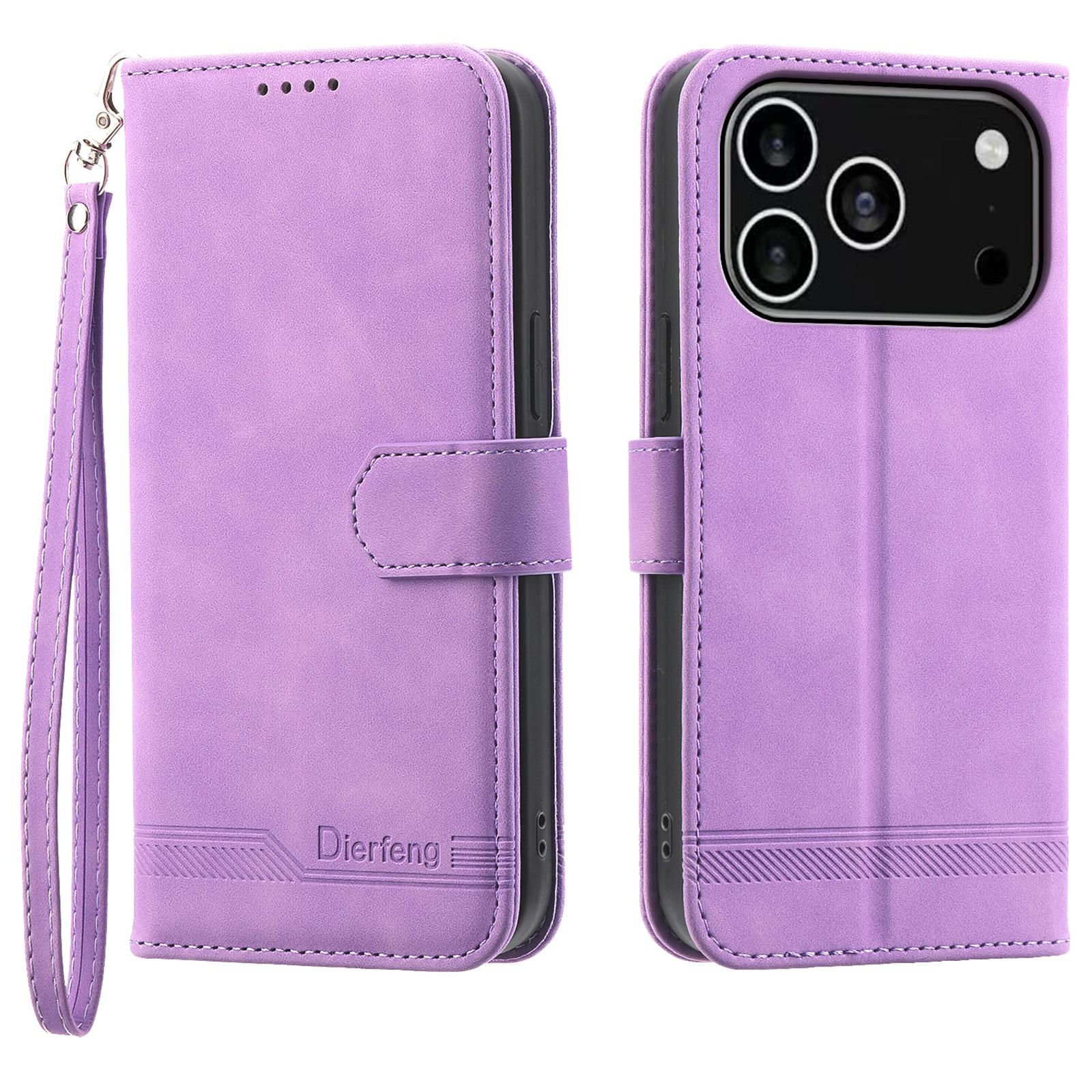 

DIERFENG DF-03 For iPhone 17 Pro Case Lines Imprint Wallet Leather Phone Cover with Wrist Strap Purple