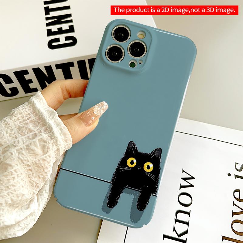 2DFlat Black Cat with Yellow Eyes on Teal Background All inclusive film hard iPhone case, compatible with iPhone 18 Pro Max 17 16 15 14 13 12 11