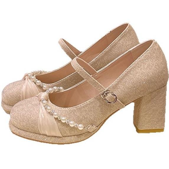 Pearlescent high heels women's summer shoes thick heel elegant bridesmaid dress skirt Mary Jane women's shoes