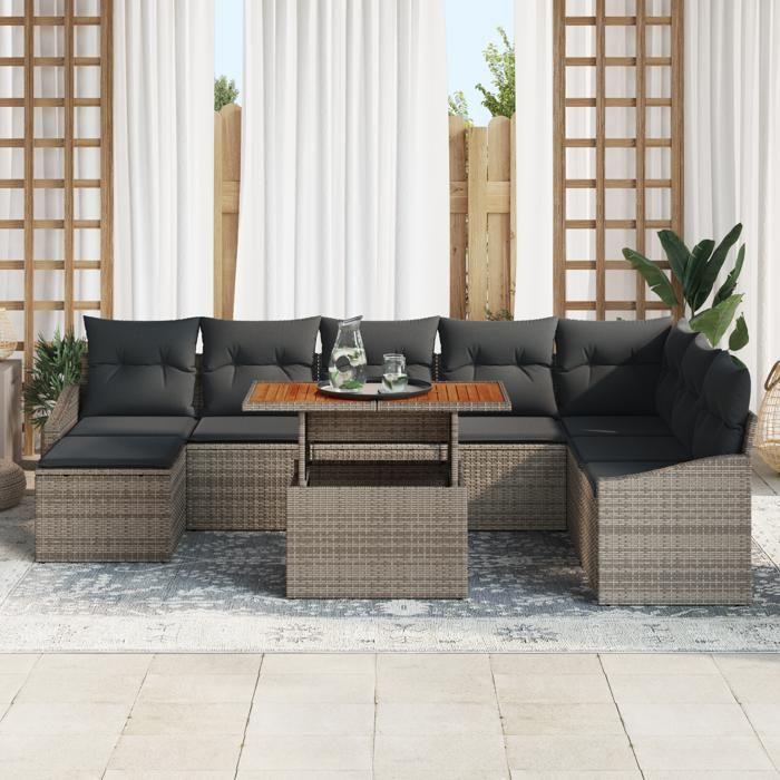 VidaXL Ensemble de salle à manger de jardin 9 pièces avec coussins gris poly rotin acacia 3349873