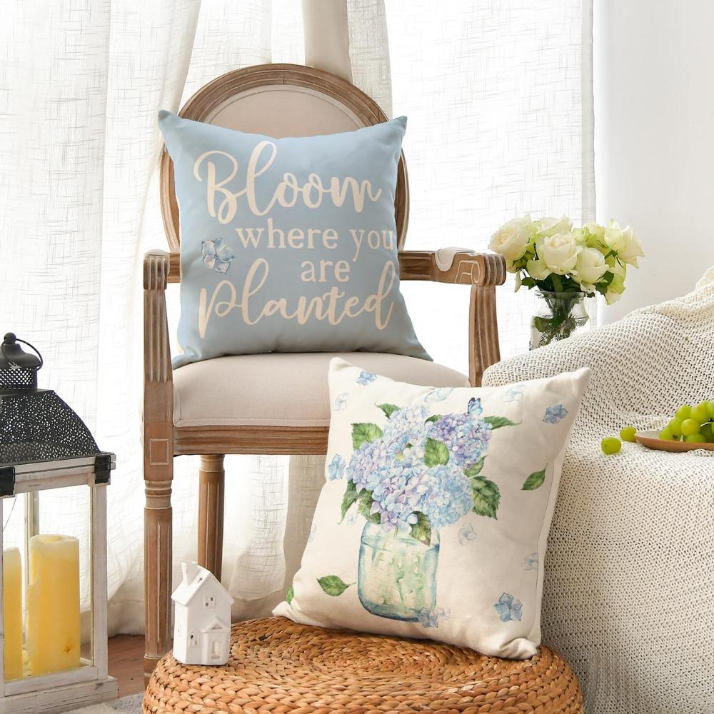 4pcs Spring Bloom Where You Are Planted Hydrangea Vase Throw Pillow Covers Enjoy The Little Things Blue Summer Cushion Case Decoration