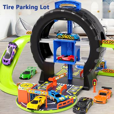 Pista de Carrinhos Infantil Brinquedo Pneu Estacionamento Brinquedo Garagem de Estacionamento Brinquedo Playset Presentes de Aniversário Para Meninos Meninas de 3-6 Anos