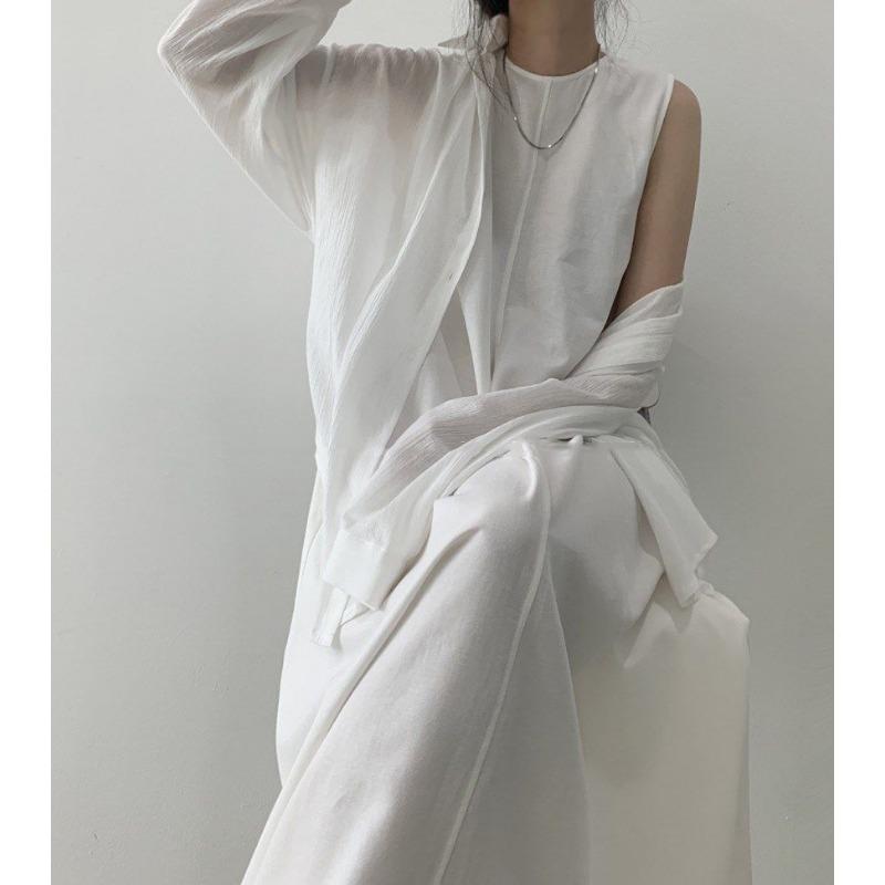 Women Summer Vintage Cotton and Linen Long Tank Dress Sleeveless Loose Waist Large Hem Round Collar Midi Sundress