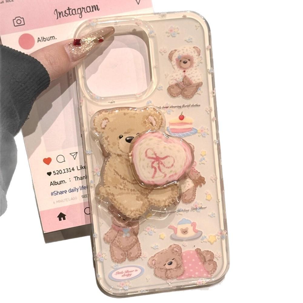 Korean High-end Floral Five Plush Brown Bear Stand for Apple 17 Phone Case for IPhone 16 Promax