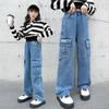 Girls' Denim Overalls Wide-leg Pants Spring and Autumn Models Girls Loose Straight-leg Pants  Medium and Large Children's Jeans