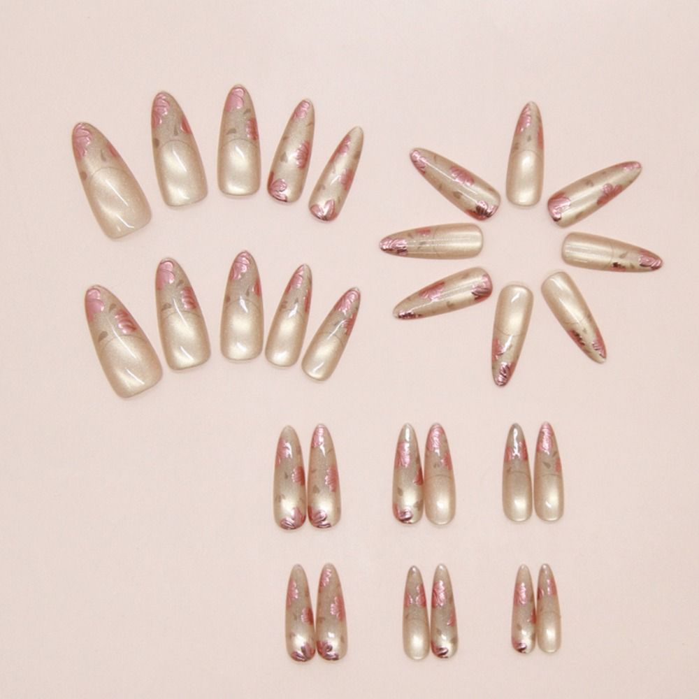 30pcs Long Square and Almond False Nails Crystal and Bow Knot French Press On Nails Cat Eye Flowers Detachable Nail Tips Women