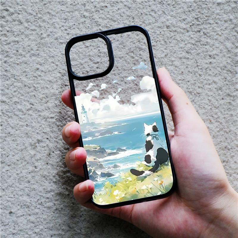 Luxury Scene Lovely Cat Case For IPhone 13 11 12 14 15 Pro Max 7 8 Plus XR XS Max Woman Cute Clear Back Cover Phone Accessories