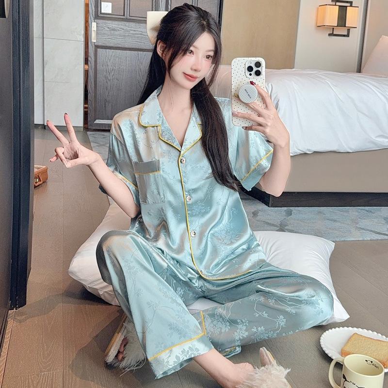 Chinese Style Flower High-End Light Luxury Jacquard Ice Silk Pajamas Women'S Summer Short-Sleeved Trousers Loungewear