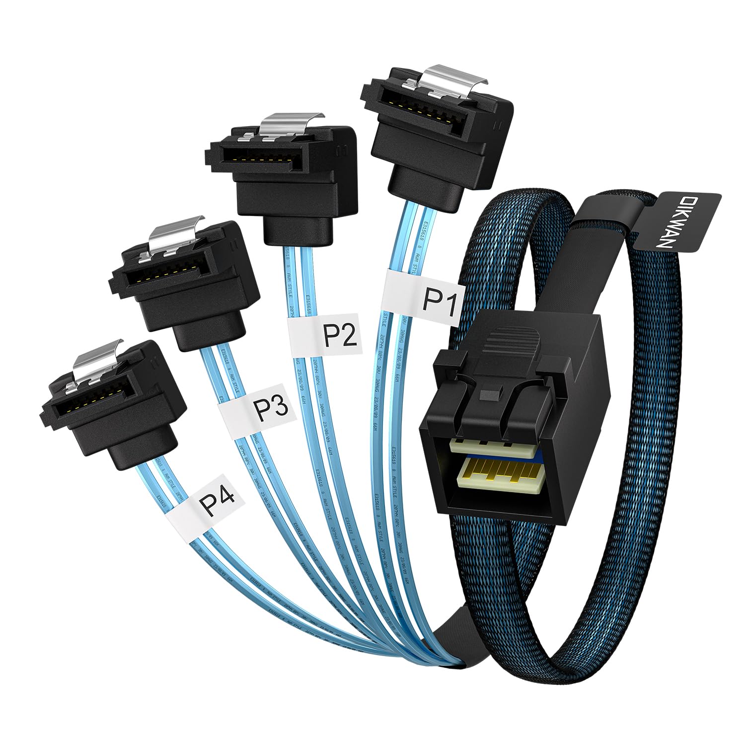 

OIKWAN Внутрішній HD Mini SAS до SATA Прямокутний Кабель Хост до 4x SATA Цільовий для RAID-контролера Жорсткі диски 7-контактний Кабель, 1,5 фути SFF-8643 чорний