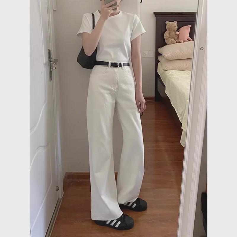 Women's White Velvet High-Waist Wide-Leg Jeans - Winter Slim Loose Fit, Plus Size