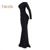 Lady Evening Dress V Neck Off Shoulder Side Slit Floor Length Long Sleeves Pleated Slim Fit Maxi Dress Ball Gown Banquet Party Dress