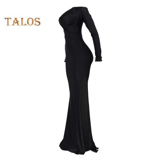 Lady Evening Dress V Neck Off Shoulder Side Slit Floor Length Long Sleeves Pleated Slim Fit Maxi Dress Ball Gown Banquet Party Dress