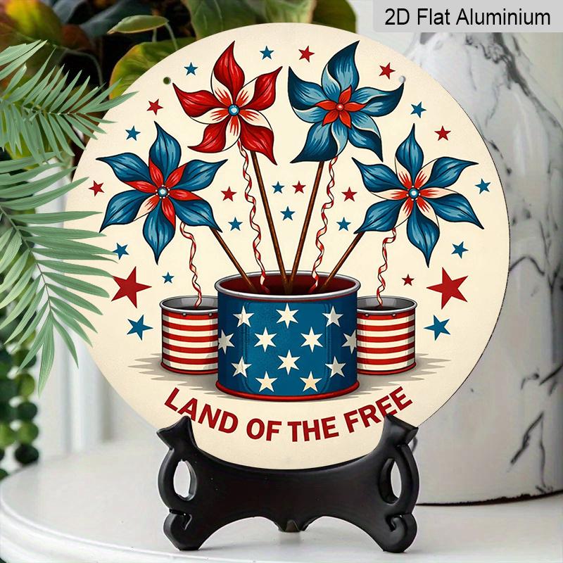2D Flat, 1pc Round "Land Of The Free" Aluminum Hanging Sign, Patriotic Red White Blue Pinwheel Windmill Design, Rustic Retro Metal Wall Decor