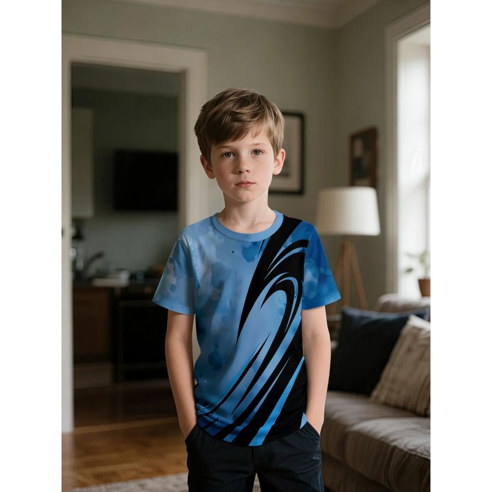 

Blue and black ink swirl digital printed T-shirt, fashionable and casual children s clothing 160