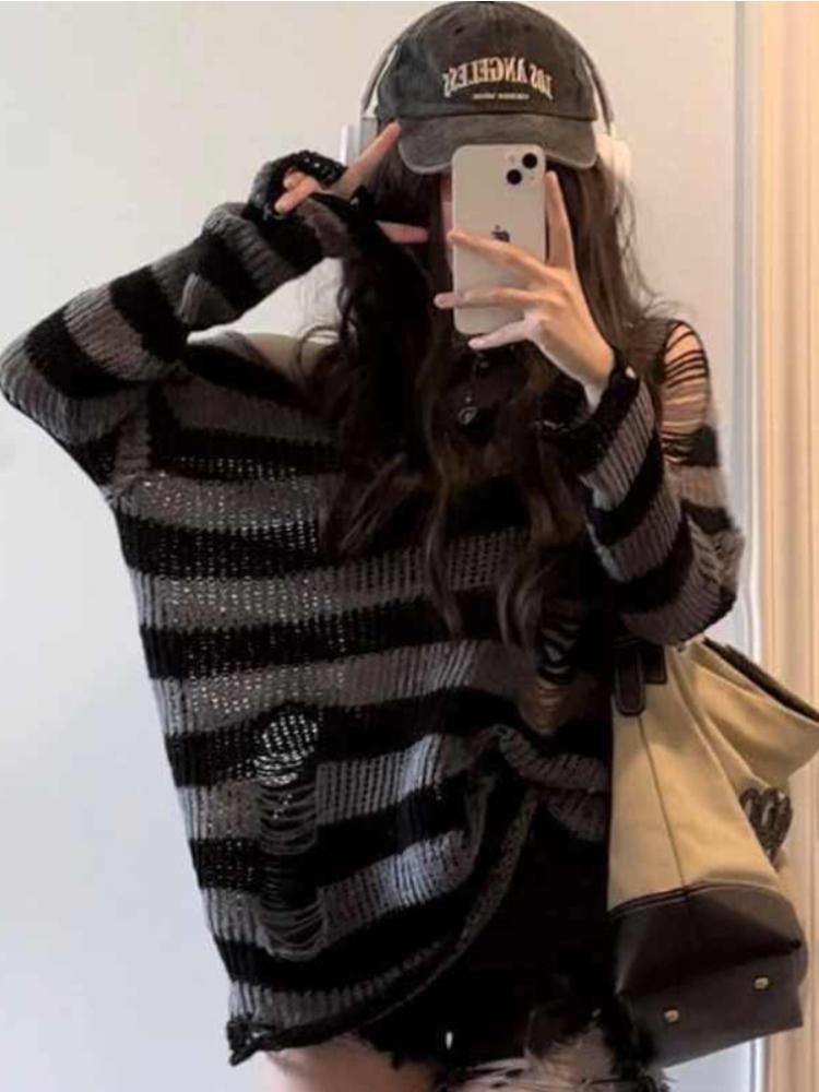 Gothic Streetwear Striped Knitted Sweater Women Harajuku Punk Hollow Out Jumper Hole Loose All-match Tops Grunge E-girl