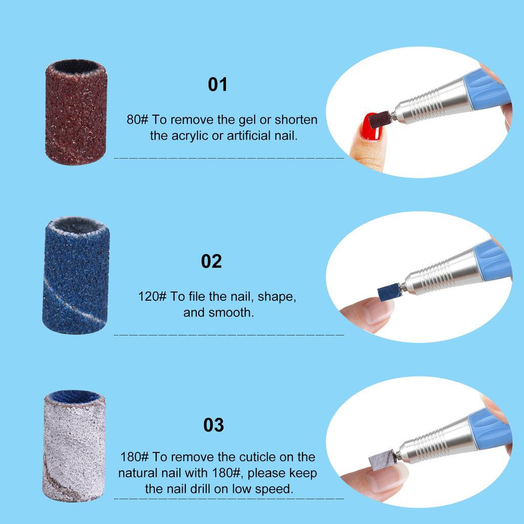 300pcs Sanding Bands with 2 Nail Drill Bits for Manicure Nail Drill Machine 80# 120# 180# Coarse Meduim Fine Grit