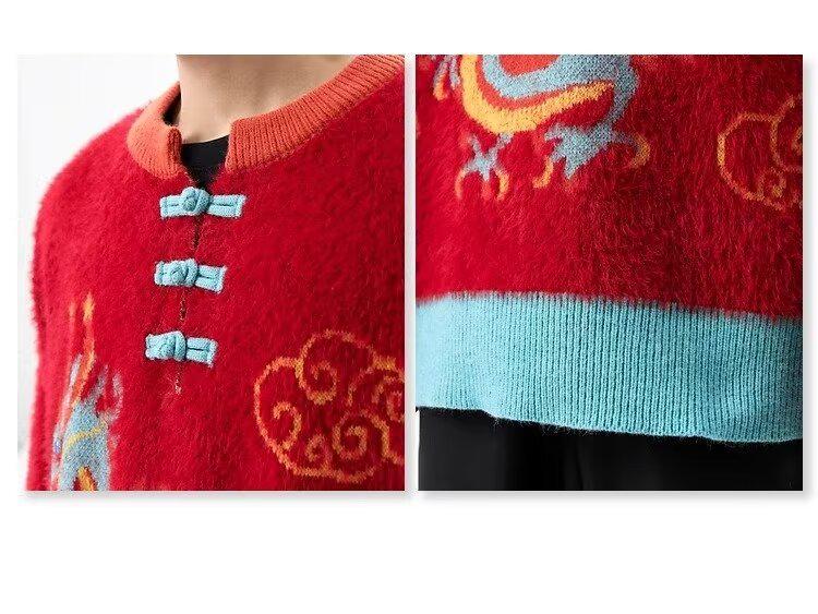 2024 Jahr des Drachen Roter Strickpullover für Männer & Frauen - Festliche Paare Herbst/Winter Basisschicht