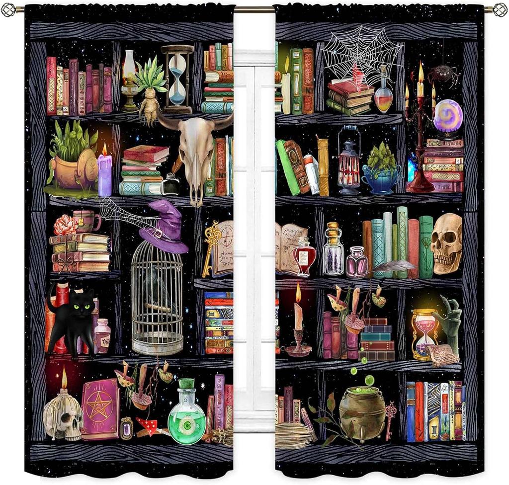 Witchy Curtains Fantasy Magical Bookshelf Mysterious Bookcase Skull Spooky Gothe Window Drapery Treatments Vintage Blackout Made Of Polyester