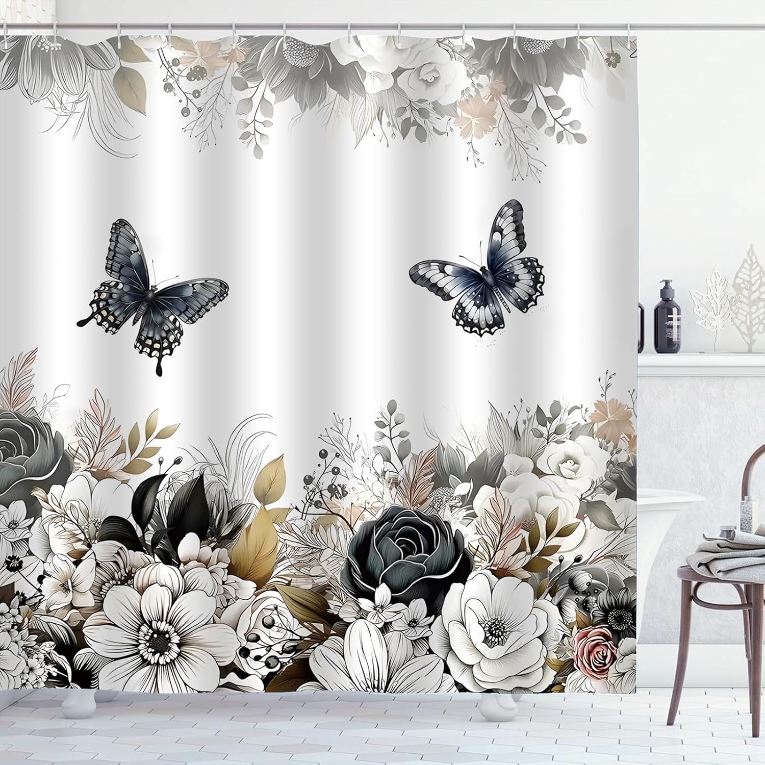 

Black White Floral Shower Curtain, Flower Butterfly Waterproof Fabric For Bathroom Curtain With 12 Plastic Hooks 180X180Cm W60H190(CM)-1 Pcs
