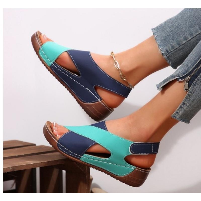 Women Wedge Sandals Contrast Color Open Toe Soft Sole Shoes Comfortable Outdoor Summer Sandals