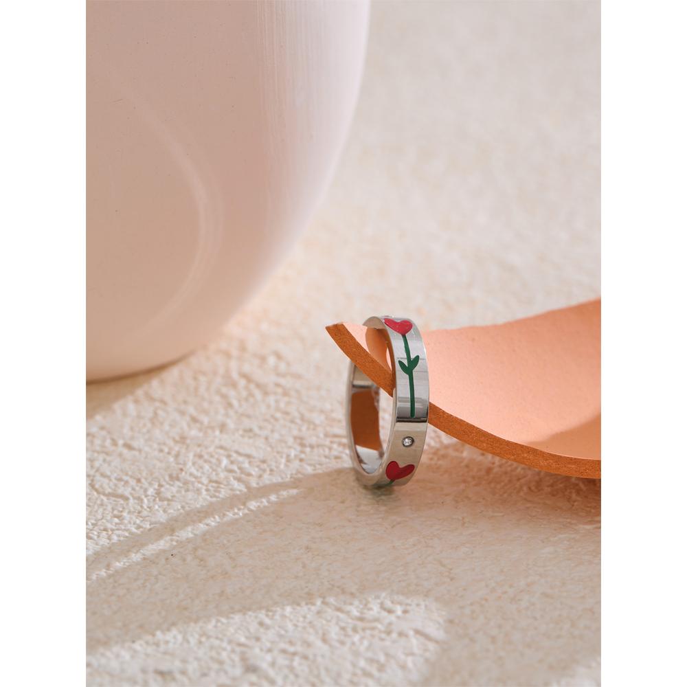 Eetit 6789# Anel de moda com retenção de cor de flor de esmalte de aço inoxidável, novo estilo, charme à prova d'água, joias requintadas