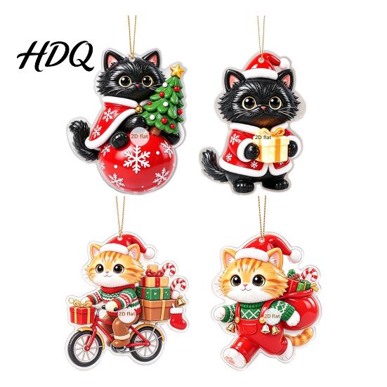 Acrylic Hanging Decor 2 Pcs Christmas Ornament Crystal Snowman Cat Santa Pattern Decoration Celebration Supplies Double Sided 2D Pendant for Holiday