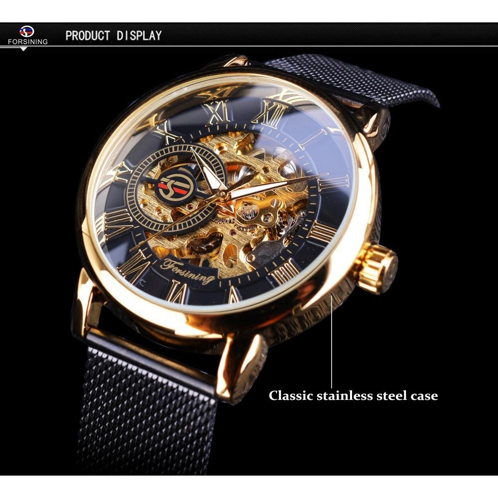 Forsining Watch Men's Fashion Casual Roman Digital Mesh with Hollow Automatic Mechanical Watch GMT1040-8-A