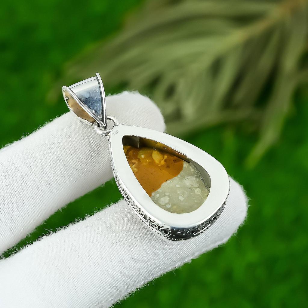 Pear Picture Jasper Gemstone Daughter Bezel Vintage Pendant Jewelry 925 Silver