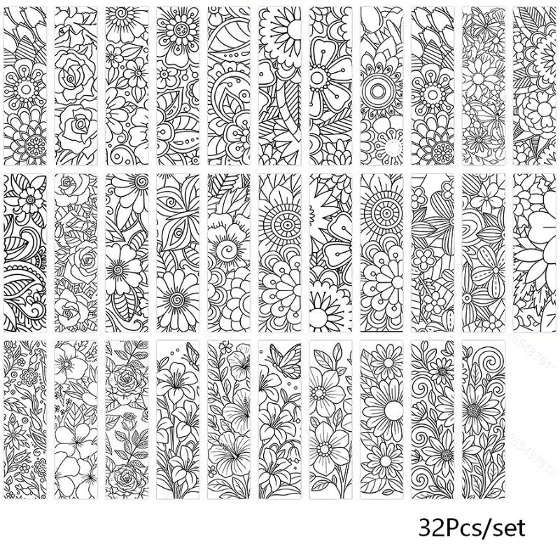 32 Stück Blumenmuster Mal-Lesezeichen DIY Leere Schwarzlinien-Zeichen-Lesezeichen für Kinder Erwachsene Stressabbau Lesezubehör