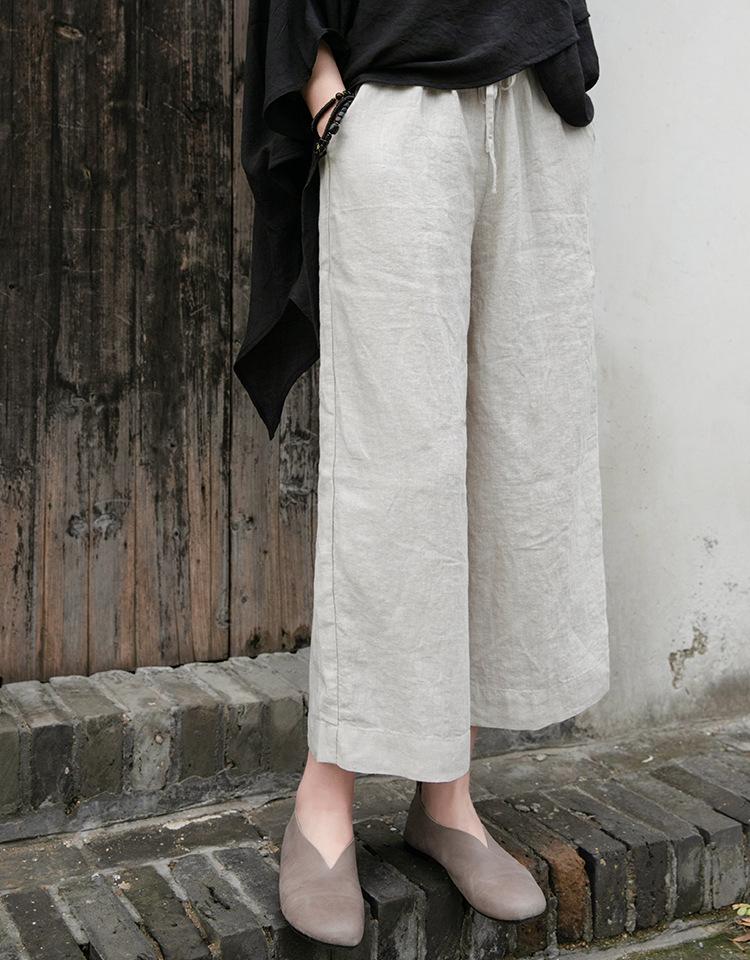 Women's Summer Cotton Linen Wide-Leg Pants - Versatile, Slimming, Nine-Point