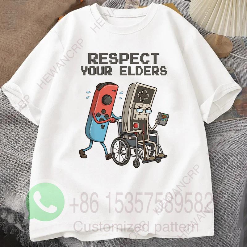 Respect Your Elders Mens Tshirt Summer Tracksiut Roundneck Pullovers Shortsleeved Tops Harajuku Cotton Casual Streetwear