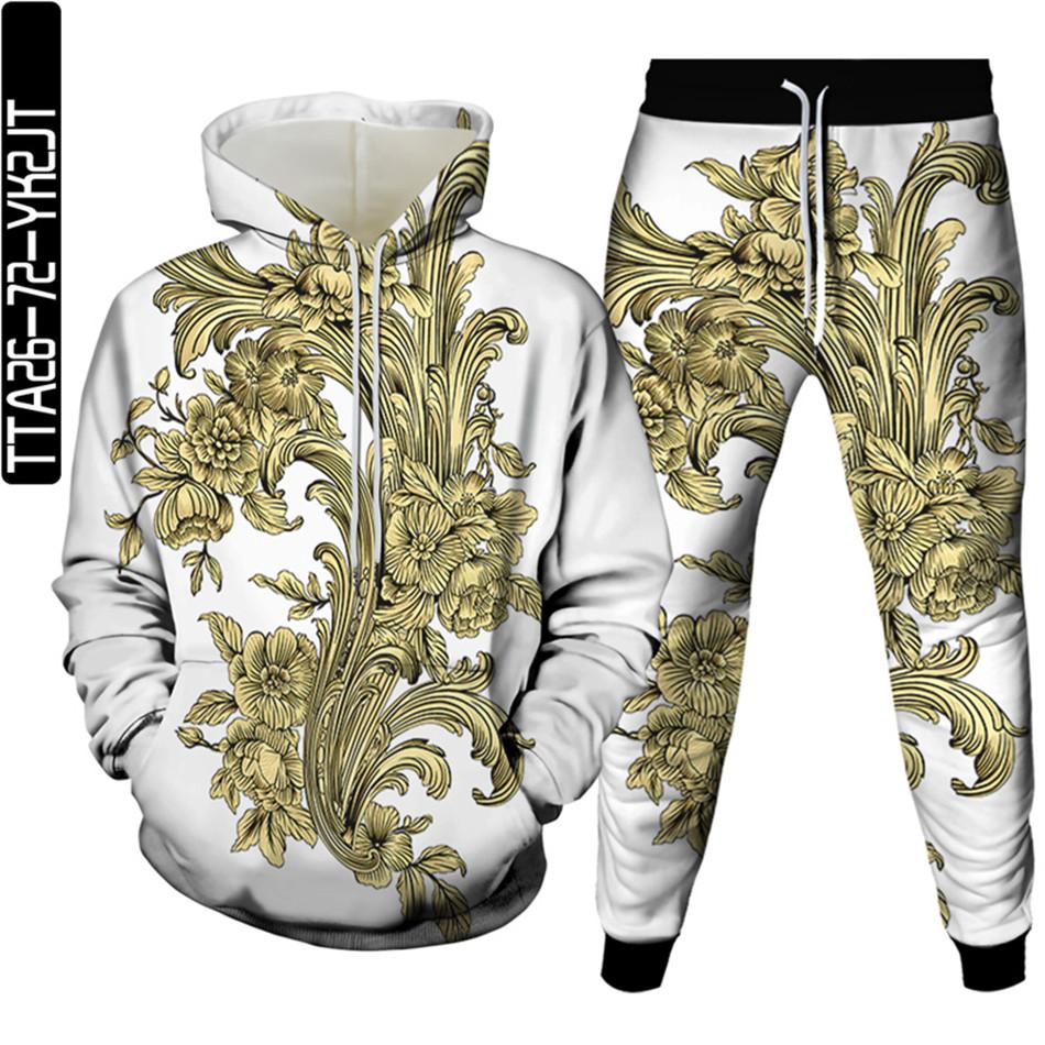 Golden Flowers Male Casual 3D Printed Clothes Sets Luxury Royal Harajuku Autumn Women Hoodies+Trousers 2Pcs Tracksuit Size S-6XL