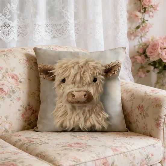 2D Animal Cushion Cover Imitation Embroidery Alpaca Pattern Pillow Case Dog Highland Cow Throw
