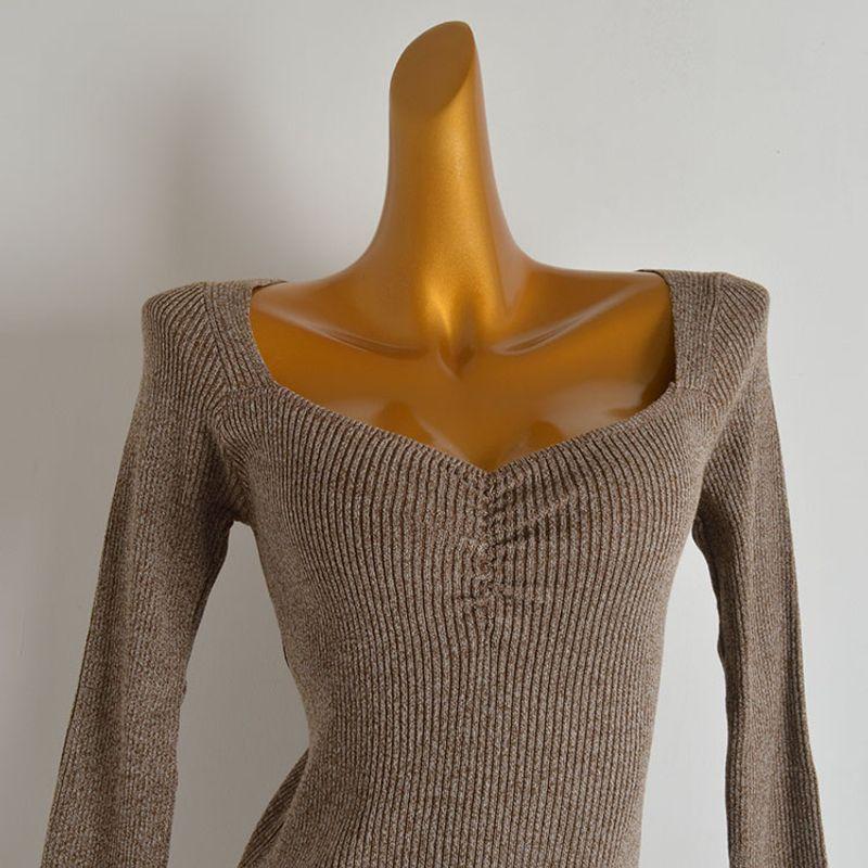 Export French Style New V-neck Pullover Long Sleeves Knitwear Women's Clothing Autumn Sexy Low Cut Bottoming Shirt Slim Looking Tops