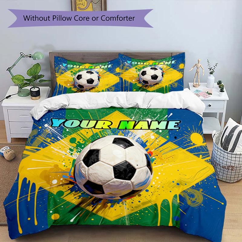 3PC Custom Name Brazilian Soccer Pride Bedding Set Duvet Cover Closure Includes 1 Duvet Cover & 2 Pillowcases for Bedroom