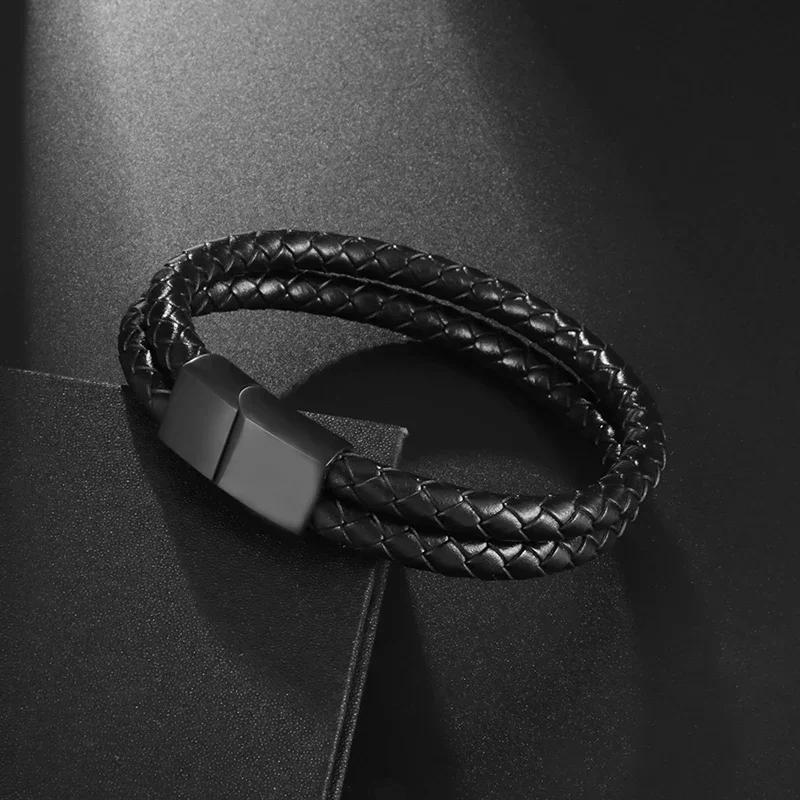Vintage Handwoven Black Leather Bracelet with High Quality Metal Buckle Suitable for Men\'s Personalized Charm Wristband Jewelry