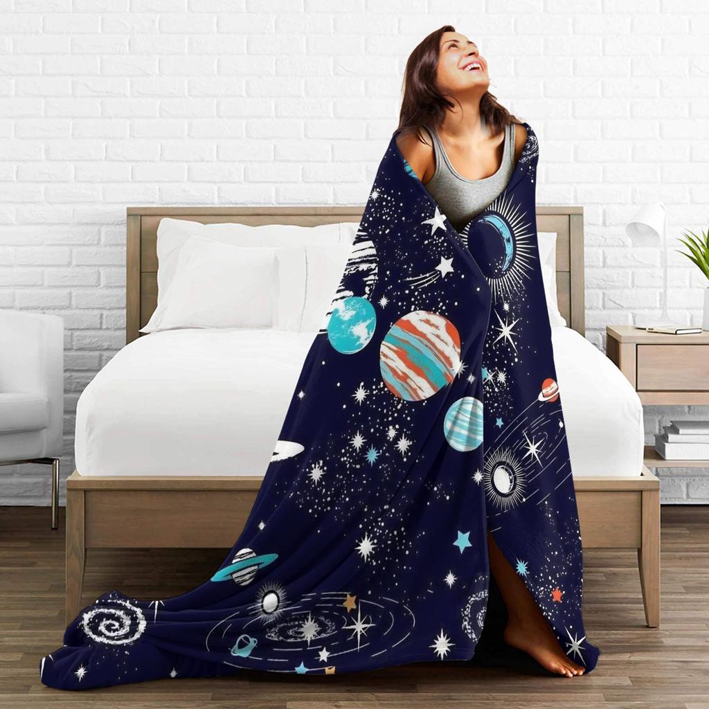 Warm Soft Blankets Children Travel Space Planets Rockets  Bedding Throws  Flannel Bedspread For Bedroom Street Trend Sofa Bed