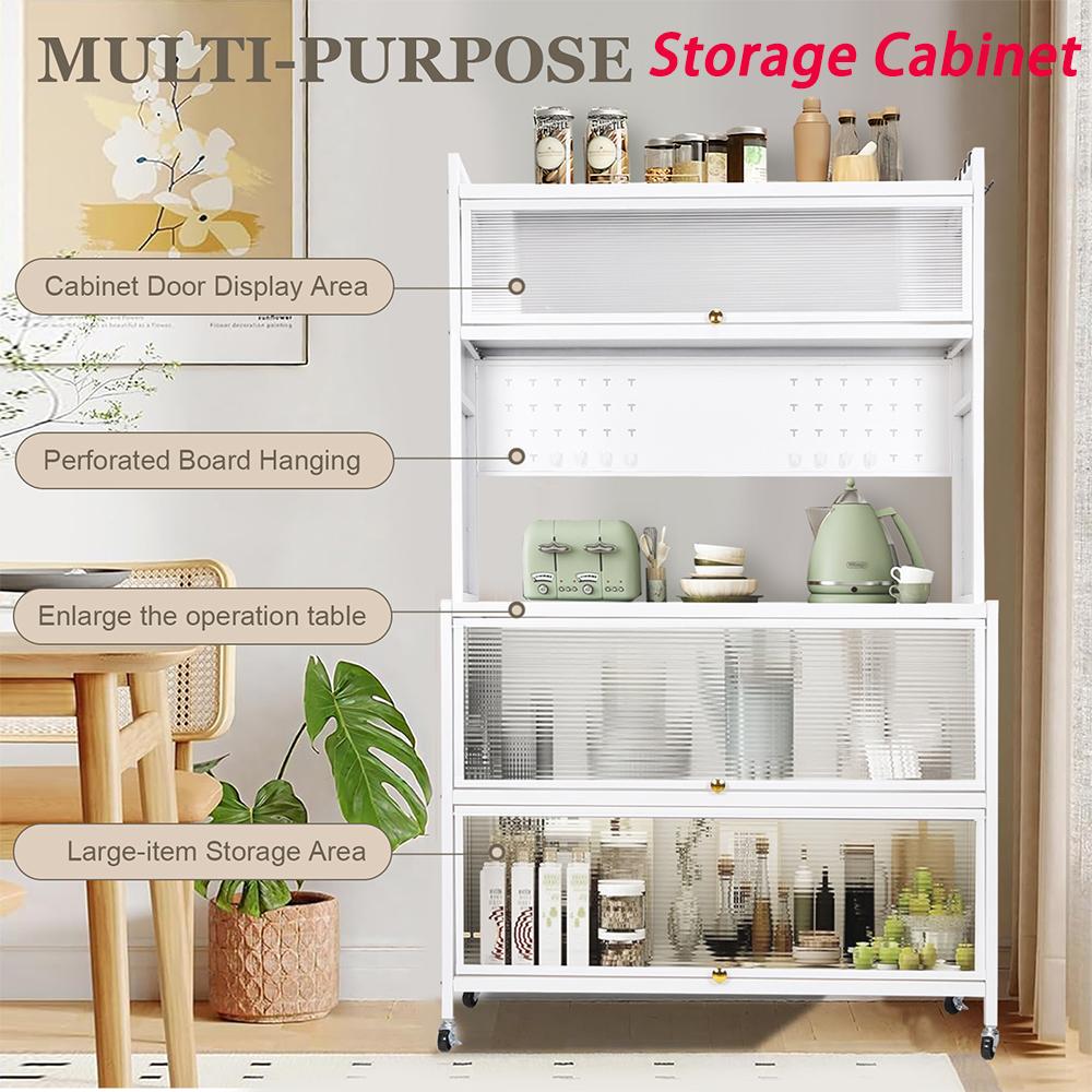 Wheeled Sideboard Kitchen Rack with Locker Hole Board Multi-Layer Floor Storage Cabinet Wear Resist Microwave Oven Pot Oven Rack